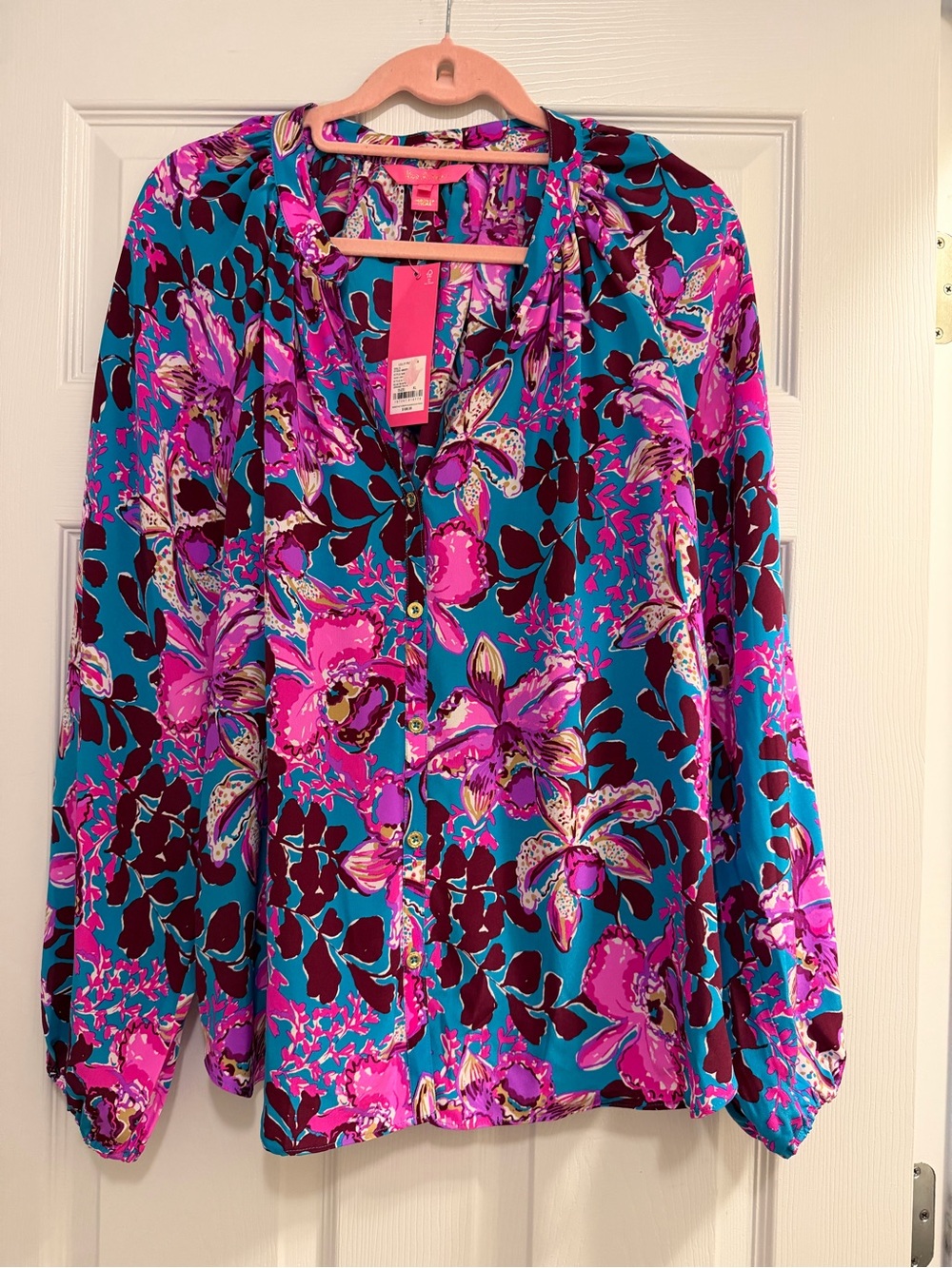 Lilly Pulitzer Turquoise & Hot Pink Floral Button-Up Blouse
